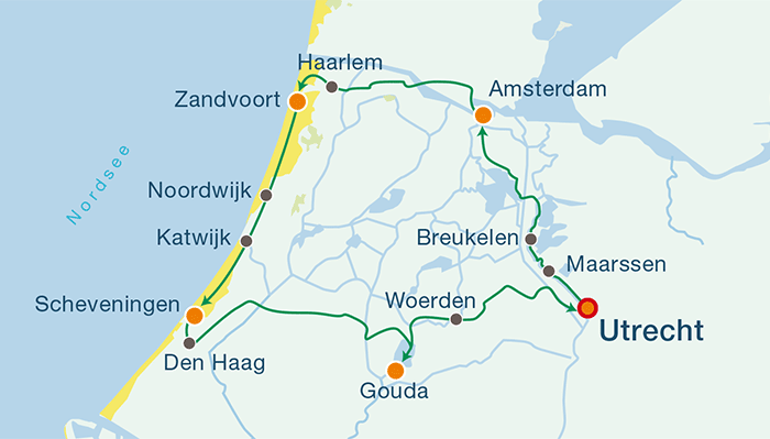 Übersichtskarte Radreise Holland Strand und Städte